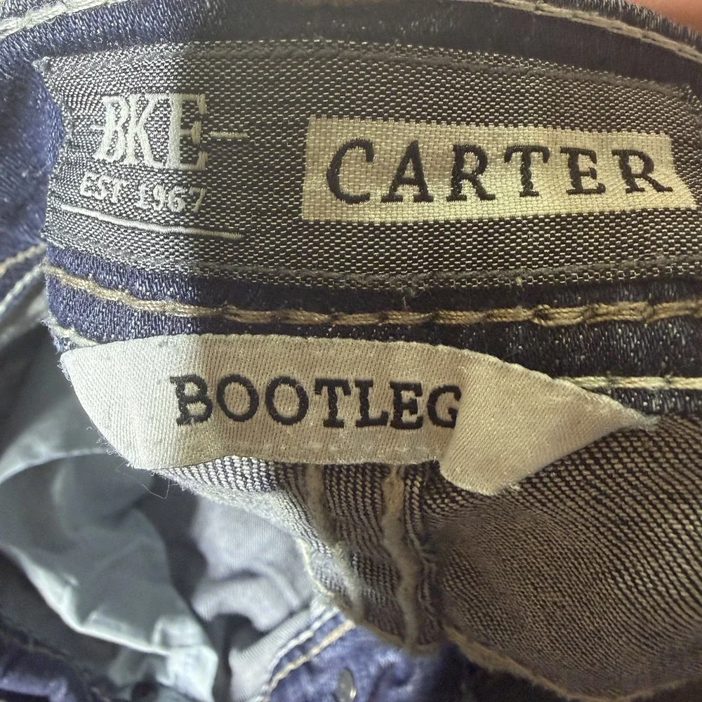 BKE Carter Mens Jeans 33R Bootleg Medium Wash Thick Stitch Western Denim